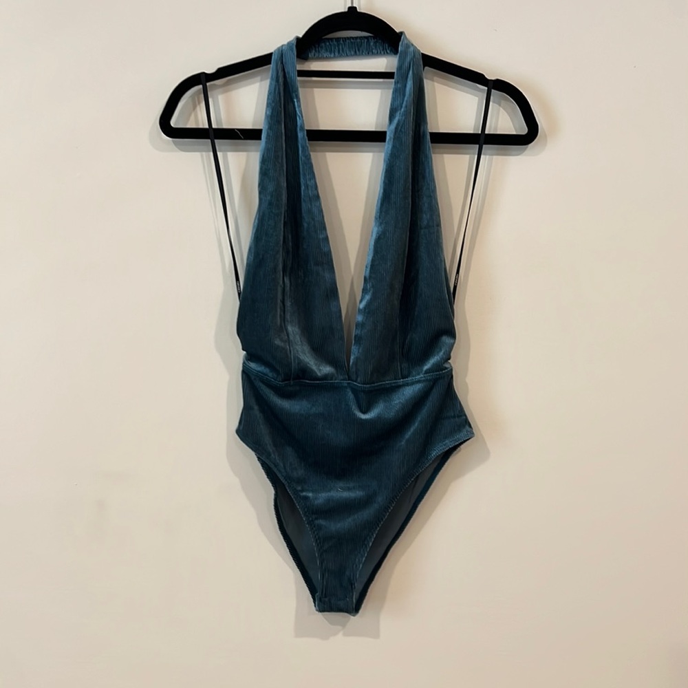 Blue Ribbed Plunge-neck Bodysuit